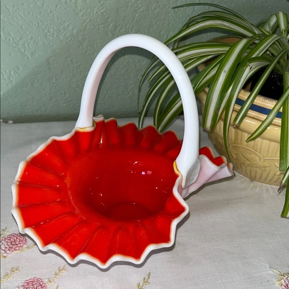 Vintage Fenton Hobnail Basket Ruby Red Overlay with White Handle & Ruffled Edge
